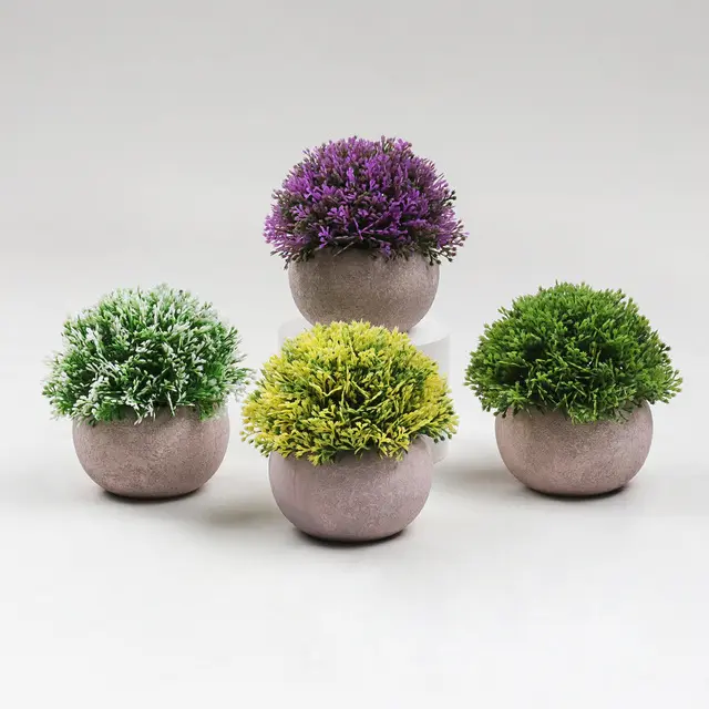 Mini plantas artificiales de plástico, hierba verde falsa en maceta gris, arbustos realistas para decoración del hogar y la Oficina