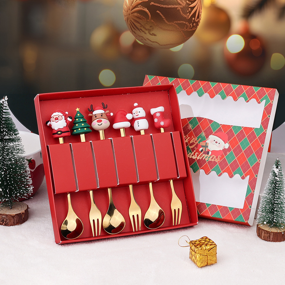 Modern Christmas Souvenir Tea Spoon and Fork Set Christmas Golden Cutlery Set Gift for Kids · image 1