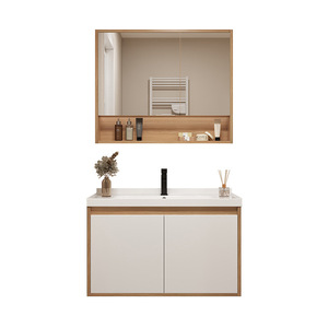 Modern vanity bathroom cabinet storage <b>mirror</b> cabinet integrated rock sink <b>wall</b> mounted washbasin cabinet - Product Image 4