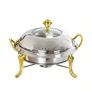 Db Stainless Steel Round Buffet <b>Chafing</b> Dish With Gold Accents Glass Lid Hotel Restaurant Supplies - Product Image 1