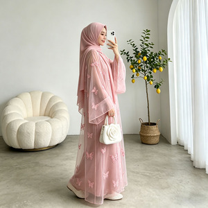 Eid Ramadan Pink Butterfly Abaya <b>Set</b> Satin Dress Women Elegant <b>Modest</b> Islamic Wear 3 Pieces Wholesale - Product Image 5