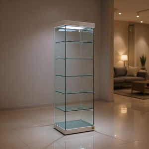 Vitrine H2 en verre trempé 54x53x200 cm, porte à charnières verrouillable, 5 étagères, base miroir LED gris clair - Product Image 3