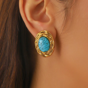 Boucles d'oreilles ovales en acier inoxydable 304 incrustées de pierre œil de chat et de turquoise, électroplaquées sous vide, boucles d'oreilles tendance pour femmes, bijoux - Product Image 4