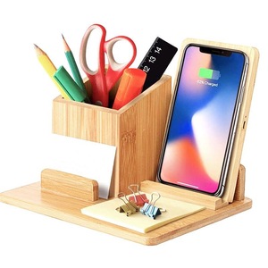 Support de téléphone en bois avec boîte de rangement pour stylos, organisateur de bureau, de forme rectangulaire, en bois massif - Product Image 2
