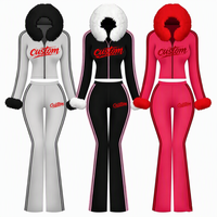 Survêtement décontracté 2 pièces pour femme avec logo personnalisé, veste courte à capuche en fourrure et patchwork zippé, pantalon évasé à rayures latérales, OEM ODM, faible MOQ