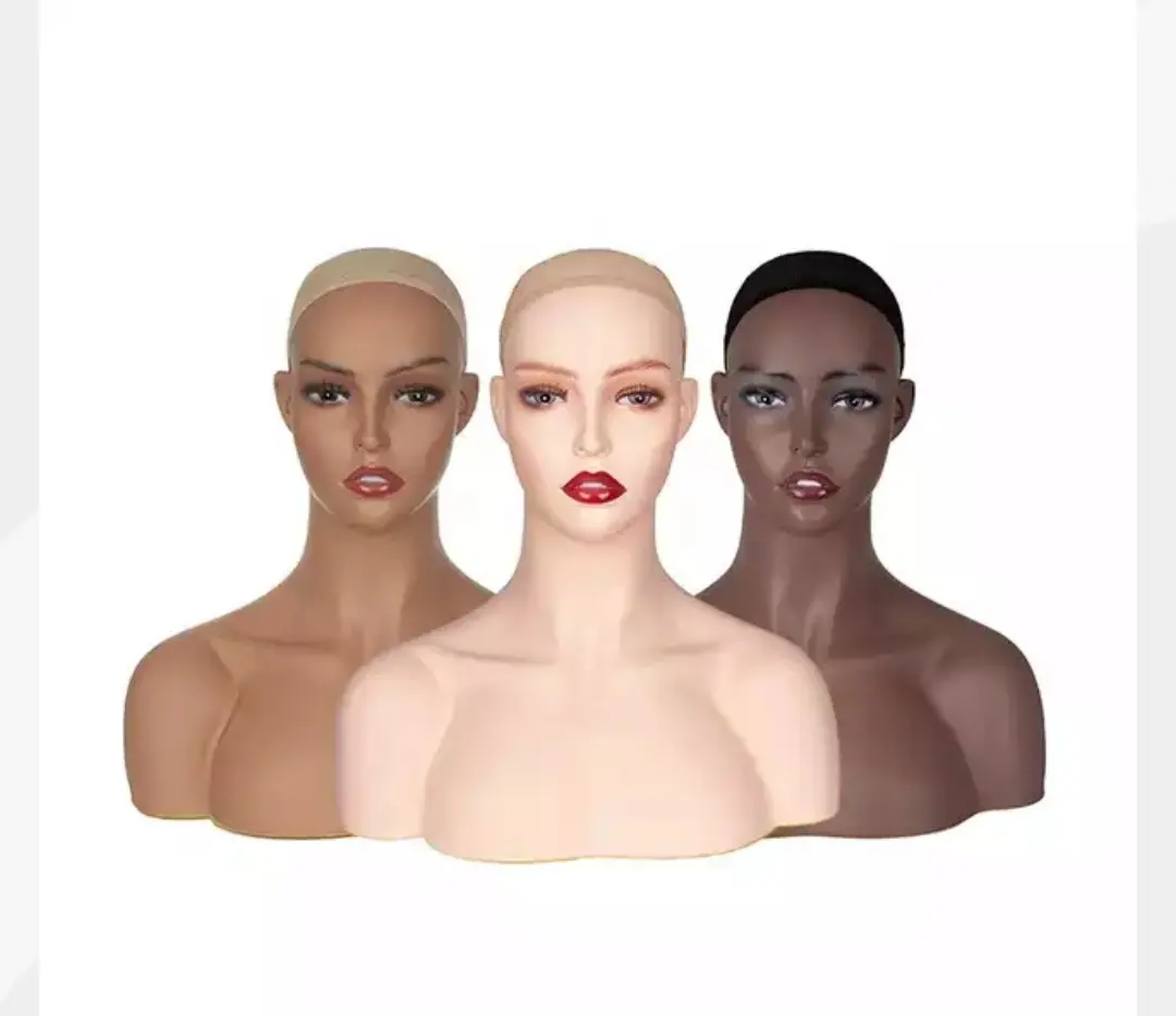 Großhandel Realistische Weibliche Perücke Display Schultern Haar Make-Up augenlid lächelndes Perücken Menschliche Männliche African American Schaufensterpuppe PVC Kopf