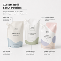 Emballage de recharge personnalisé recyclable imprimé flexo pour produits de soin personnel : savon liquide pour les mains, adoucissant textile, liquide lessive, gel douche – pochette à bec verseur