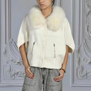 Vente Flash Mode : Manteau en <span class=keywords><strong>Tricot</strong></span> Uni à Manches Courtes pour <span class=keywords><strong>Femme</strong></span> avec Col Amovible en Fourrure de Renard - Product Image 5