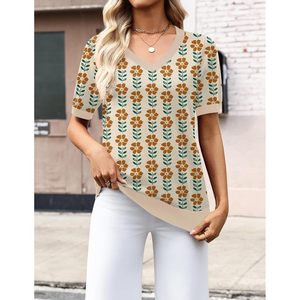 Women's Short Sleeve V <b>Neck</b> Sweater Lightweight Floral Knit Top Summer Casual Wear - Product Image 3