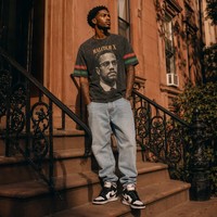 T-shirt vintage délavé pour homme 100 % coton avec portrait de Malcolm X et imprimé drapeau pan-africain sur les manches, coupe droite style hip-hop