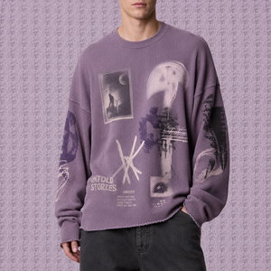T-shirt Homme Noir Vintage Délavé Oversize à Épaules Tombantes, Manches Longues en Maille Gaufrée avec Ourlet Brut - Product Image 3
