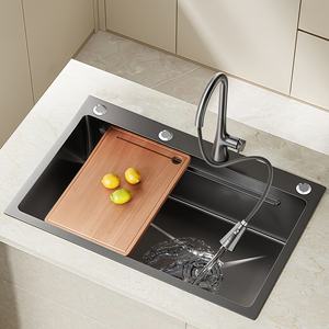 Fregadero de cocina de acero inoxidable 304 de un solo tazón con drenaje izquierdo/derecho, hecho a mano, con lavabo integrado nano para lavado de verduras - Product Image 1