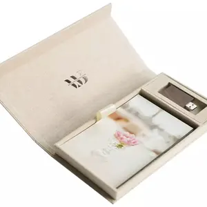 Cajas de Regalo reutilizables, tamaño personalizado con cierre de tapa magnética, embalaje de fotos de lino para boda, usb