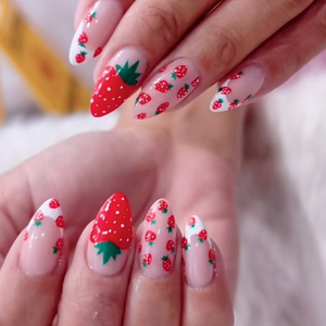 Faux ongles à presser motif fraise rouge mignons - Base nude, forme amande avec <span class=keywords><strong>French</strong></span> <span class=keywords><strong>manucure</strong></span> blanche, réutilisables pour <span class=keywords><strong>manucure</strong></span> quotidienne - Product Image 1