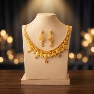 Parure de bijoux plaqué or massif pour femme, collier et boucles d'oreilles tendance classiques avec perles florales, bijou de collection culturel pour mariage - Product Image 3