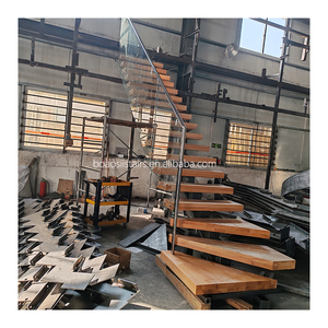 <strong>Modern</strong> Design Interior Powder Coated Solid Wood Stairs with Black <strong>Handrail</strong> Glass Railing <strong>Staircase</strong> for Apartment Use - Product Image 5