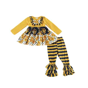 Girlymax-traje de otoño para niña, traje amarillo con girasol, pantalones de volantes florales, camisa de retazos, 2022