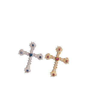 Colgante de cruz Spicky con moissanita azul marino y rosa de corte fantasía mixto, chapado en oro sobre plata de ley, estilo Hip Hop, joyería personalizada - Product Image 4
