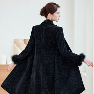 Black Mid Length Corduroy Coat With Pocket Women's Winter Warm Outerwear - Product Image 3