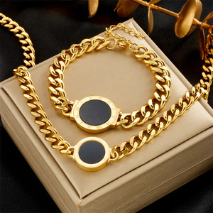 Stainless Steel Jewelry <b>Set</b> Chunky Chain <b>Bracelet</b> Necklace Gold Roman Numerals Unisex Gift - Product Image 1