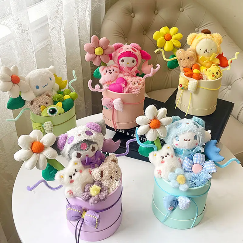 Cylinder Bouquet Holding Bucket Flower Stuffed Animal Kitty My Melody Doll Finished Birthday for Girls Birthday Christmas Gift