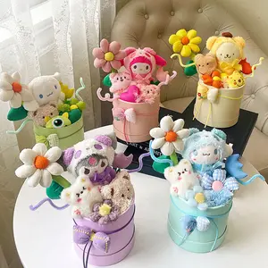 Buquê de flores com balde de buquê de flores, buquê de pelúcia para meninas, boneco de melodia, presente de natal com acabamento de aniversário
