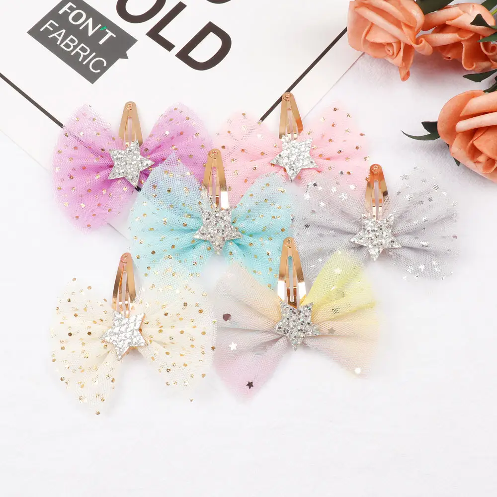 Kids Girls Cute Hair Clip Accessories Bow Mesh Glitter Bling BB Hair Pins Hair Clips