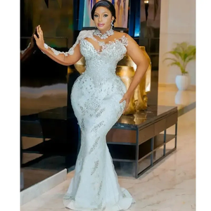 Robes de mariée sirène arabes blanches Aso Ebi avec traîne détachable, manches longues scintillantes, cristaux perlés, robes de mariée grande taille - Product Image 3