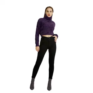 KD Knitwear Manufacturer Custom Summ Destroyed Long Sleeve Mohair Pullover with Lace Knitwear Turtleneck Sweater Crop Top