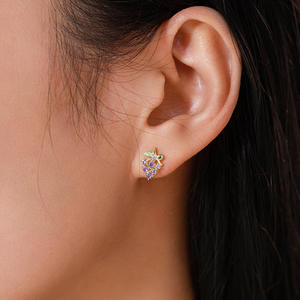 Pendientes de botón personalizables de plata de ley S925 con circonita púrpura talla redonda, diseño de uva, en oro de 14k, versión cobre, para mujer - Product Image 2