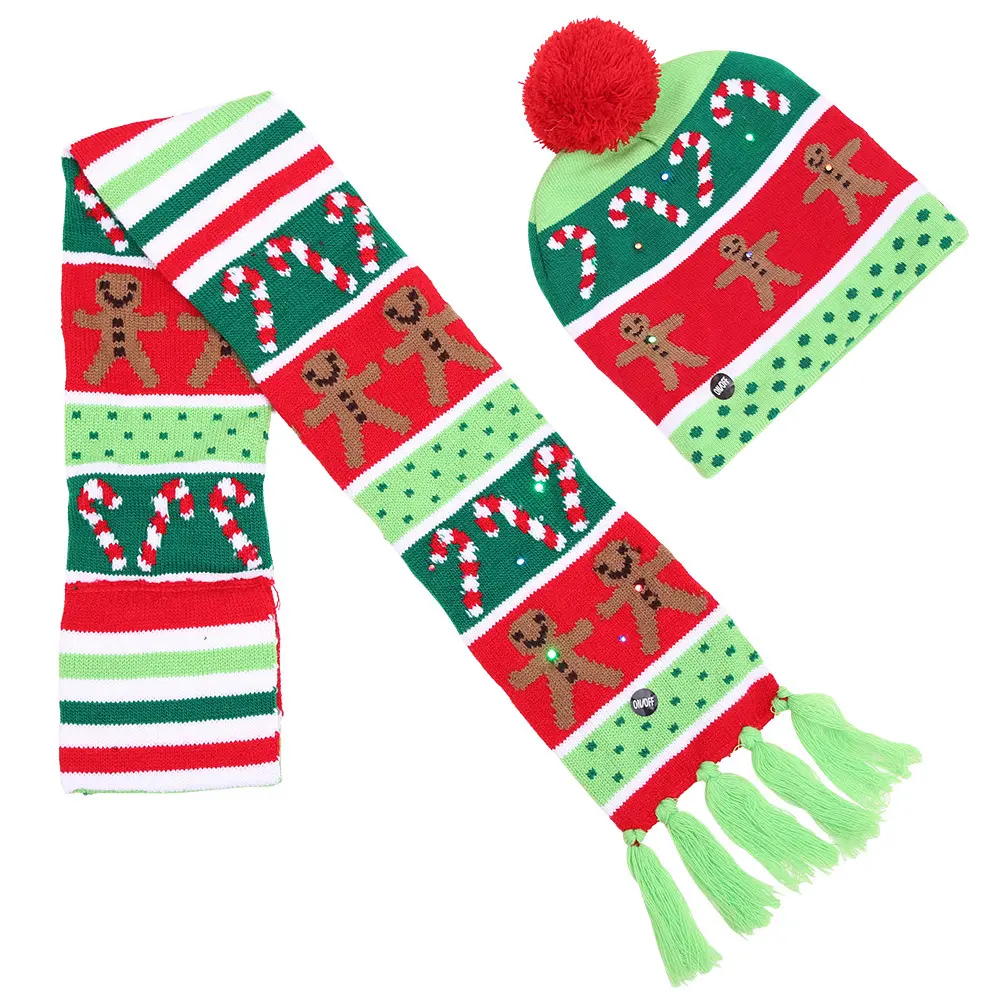 Newest wholesale fashion high quality comfortable Christmas children's knitted beanie LED hat scarf set Various Outdoor Scenes