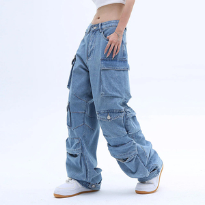 Jeans <span class=keywords><strong>cargo</strong></span> taille haute personnalisés pour <span class=keywords><strong>femme</strong></span>, style streetwear, multi-poches, coupe ample et décontractée, jambe large - Product Image 3