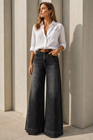 Jeans de Mujer Vintage Negros Lavados, Pantalones Vaqueros Acampanados Holgados, Estilo Casual Urbano Francés para el Día a Día