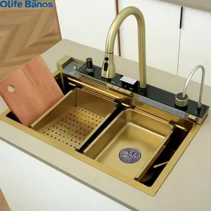 Tiktok New Trend Golden Nano SUS 304 One Piece Automatic Cup Washer Piano Digital Display Two Waterfall Faucet Kitchen Sinks