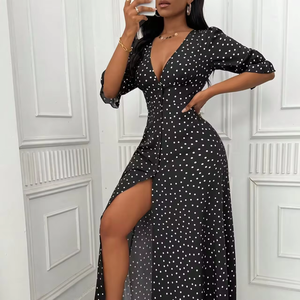 chinese dress ladies Black Long Sleeve Square Neck Ruched Double Slit Maxi Dress Small main image 0