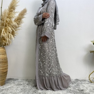 1711# Luxury Leaves <b>Sequins</b> With Chiffon Bottom Cardigan Match All Occasion Muslim Open Abaya - Product Image 3
