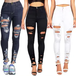Calça jeans feminina rasgada de moda de rua, jeans slim fit com desenho de alta elasticidade para mulheres, calça jeans magro para mulheres