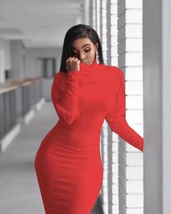 Gaun gaya Eropa dan Amerika Serikat, gaun musim gugur lengan panjang warna polos klasik baru, gaun kerah tinggi lengan lampion baru - Product Image 5