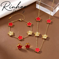 Ensemble de bijoux en acier inoxydable 3 pièces, bracelet porte-bonheur à cinq feuilles de fleurs, bracelet à breloques en forme de trèfle, collier et boucles d'oreilles pour femmes