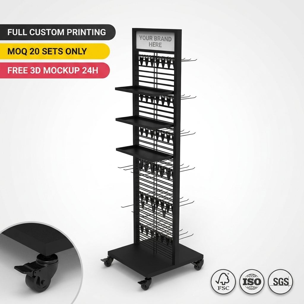 Movable Floor Standing Metal Wire Display Stand with Header Hooks Wheels Customizable Retail Shop Supermarket Merchandise Rack