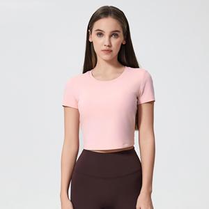 Camiseta de yoga corta para mujer con cordón en la espalda, fruncido, manga corta, abertura tipo llave, de secado rápido, transpirable, para entrenamiento, venta al por mayor - Product Image 5