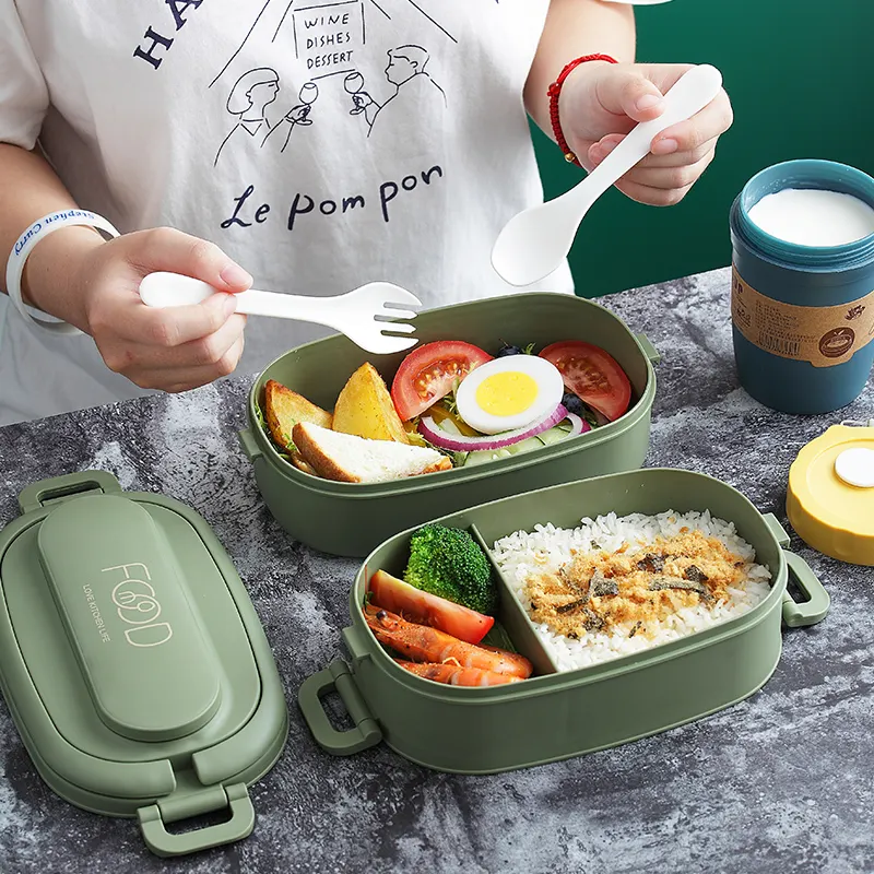 wholesale pp plastic lunch box 2 layer lunch box with cutlery and bottle insulated leakproof bento lunch boxes bag set