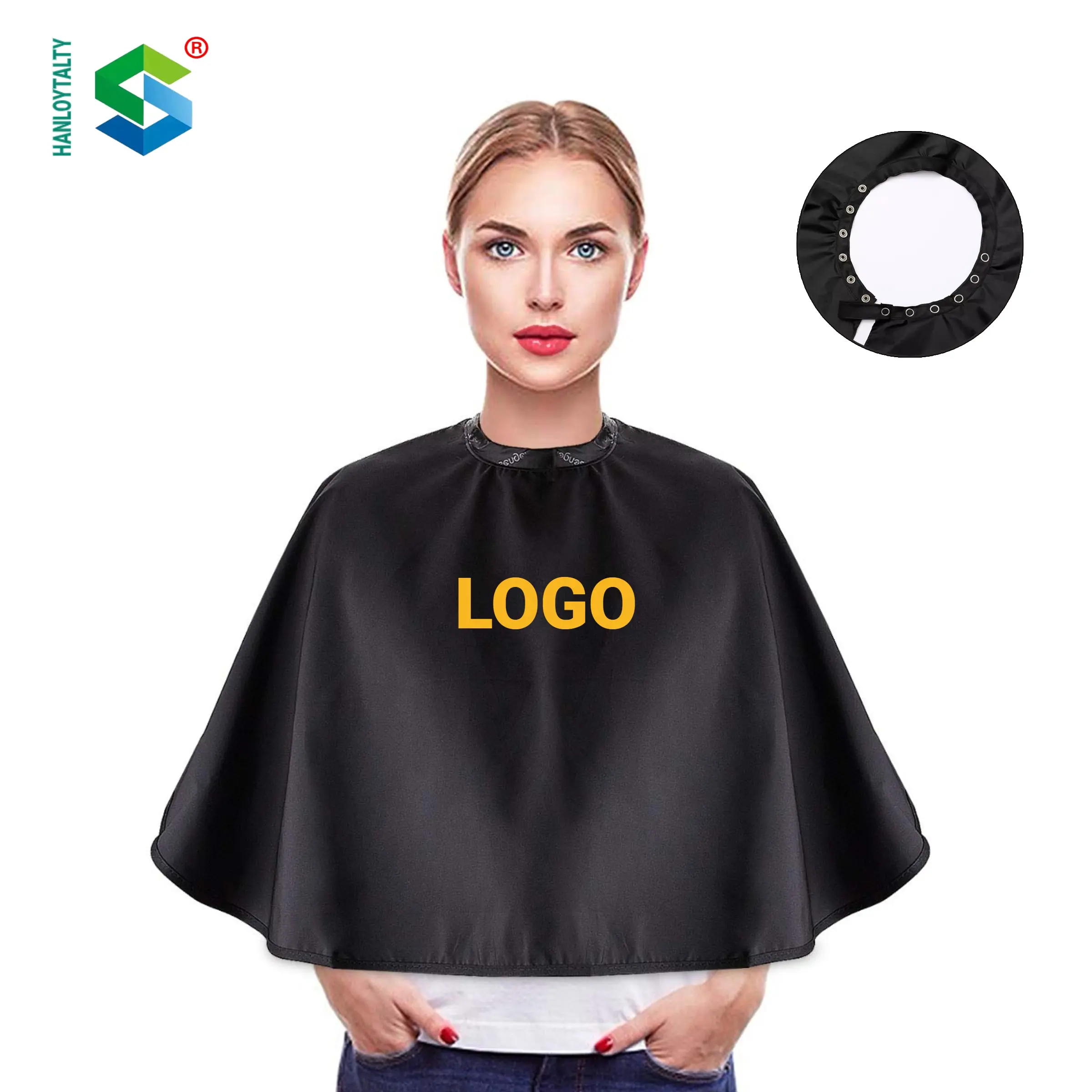Hanloyalty avental de smock à prova d'água, logotipo personalizado, com fecho, para salão de beleza, capa curta, de alta qualidade