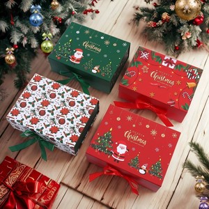 EVERWIN Christmas <b>Gift</b> Boxes With Ribbon Red Green Patterned Rigid Paperboard Folding Packaging <b>Box</b> For Holiday Festive <b>Presents</b> - Product Image 1