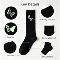 Chaussettes mi-mollet pour femme en jacquard papillon phosphorescent OEM, style streetwear, toutes occasions, chaussettes décontractées en tricot noir, logo personnalisé