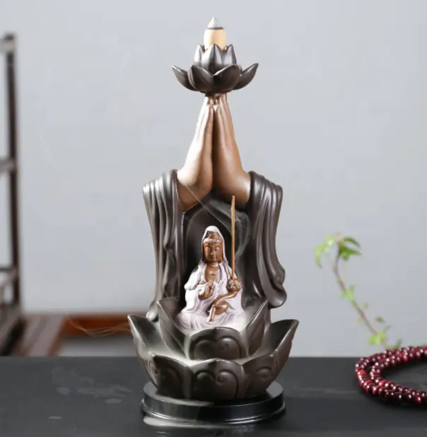 중국 선 테이블 10 무료 콘 선물 상자 손 세라믹 폭포 guanyin Tathagata 세 거룩한 공예 부처님 역류 향 버너