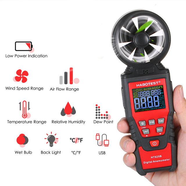 HABOTEST HT625A Handheld Digital Anemometer Electronic Wind Speed Meter Tester 0.01m/s Resolution CE Certified ABS Material