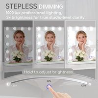 Miroir de maquillage sur pied avec écran tactile carré 100*80, 21 ampoules LED, grossissement, cadre en métal, 3 couleurs d'éclairage