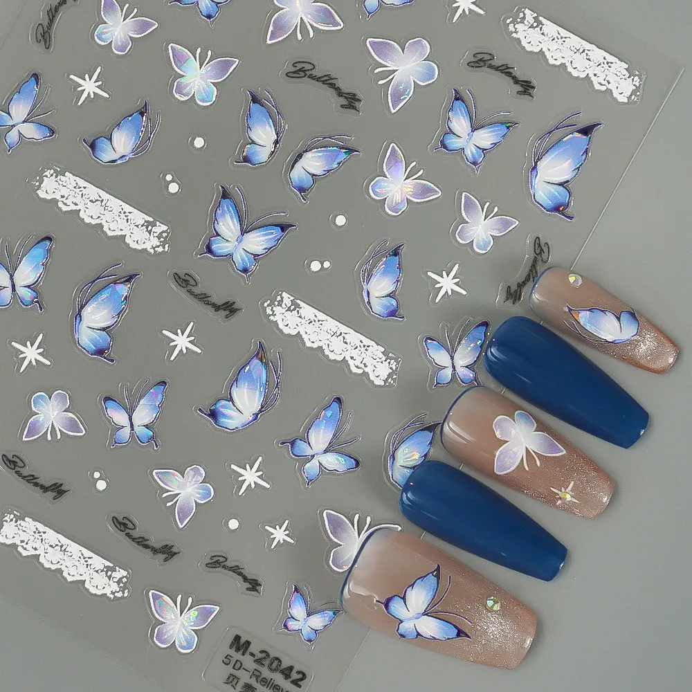 2024 New Arrival Japanese Nail Art Sticker 3D Embossed Custom Nail Sticker Sheets Lovely Shell Light Butterfly Nail Decals