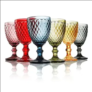彩色玻璃压花设计高脚杯复古彩色红酒玻璃高脚杯果汁饮用酒杯